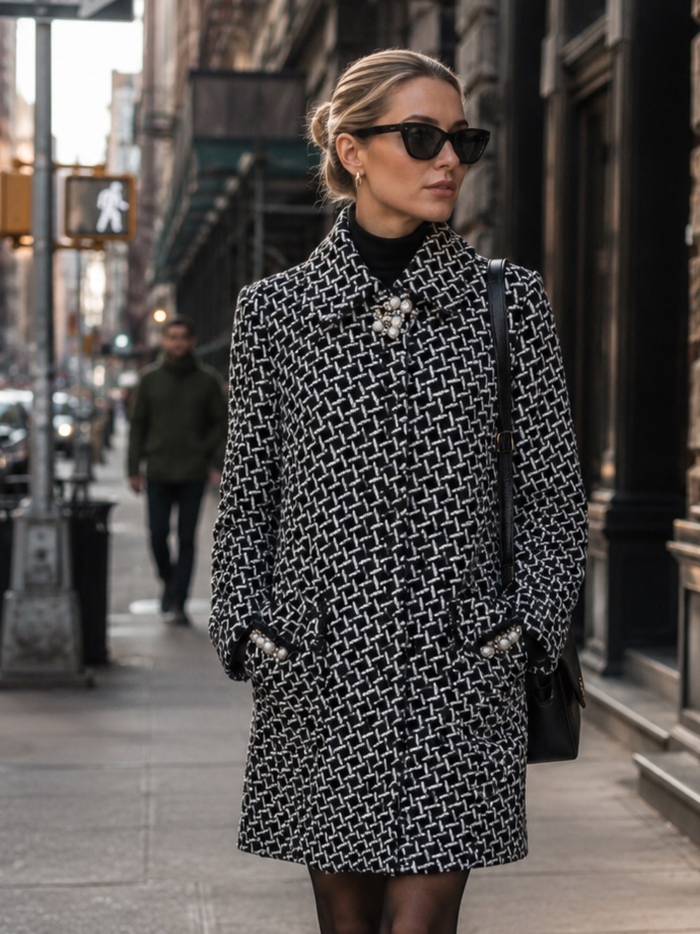 ANNA RACHELE Black and White Tweed Coat with Jeweled Accents, IT46/US10/L